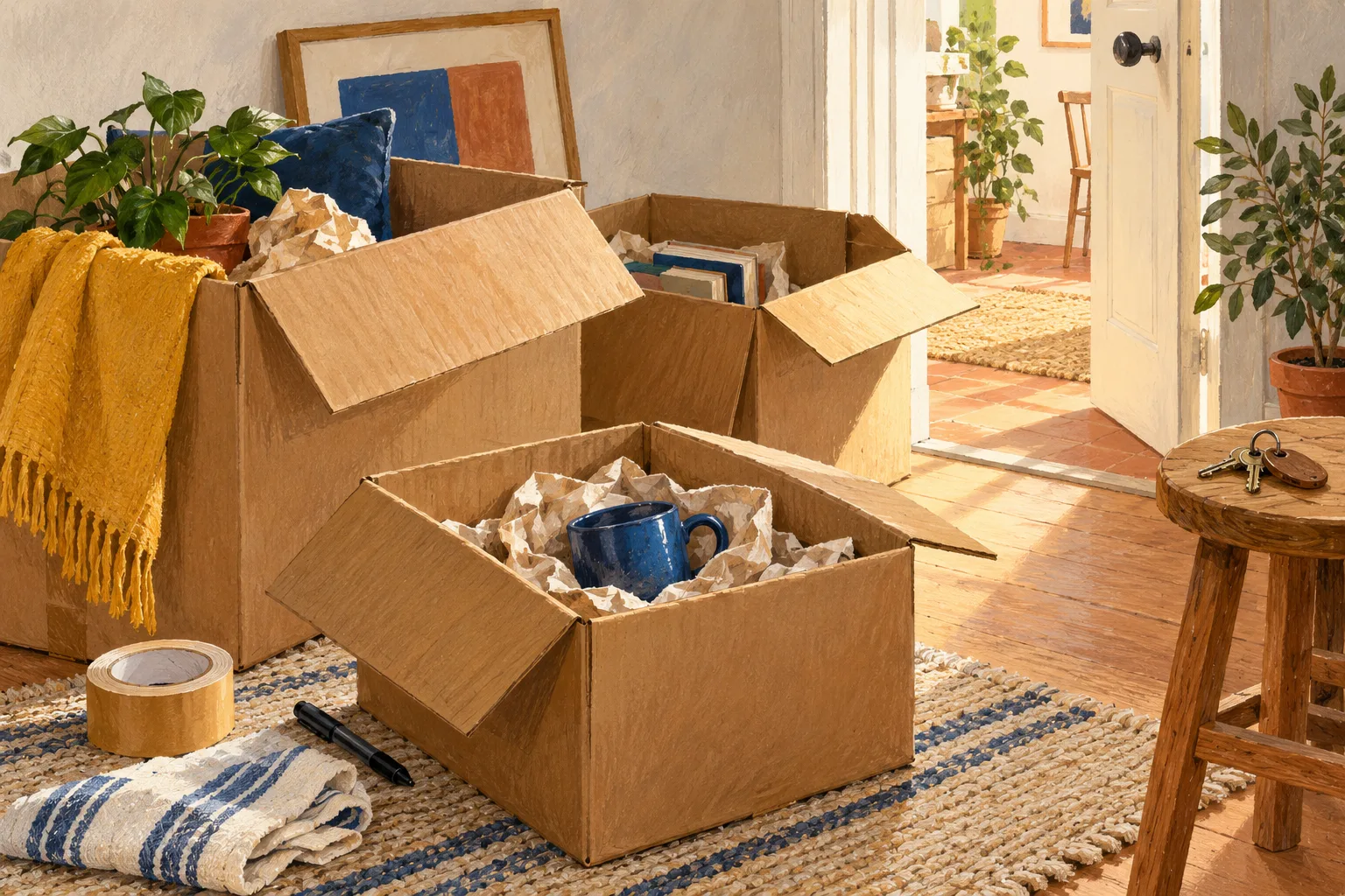 Illustration : cartons ouverts, bols emballés et clés prêts pour le déménagement